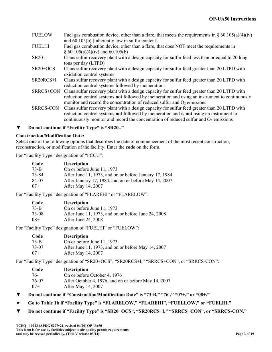 Form TCEQ-10223 (OP-UA50) Fluid Catalytic Cracking Unit Catalyst Regenerator / Fuel Gas Combustion Device / Claus Sulfur Recovery Plant Attributes - Texas, Page 3