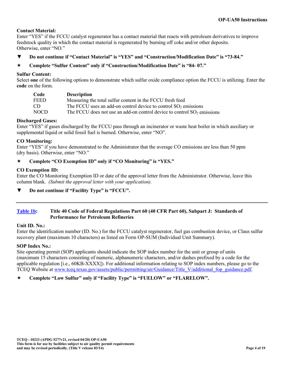 Form TCEQ-10223 (OP-UA50) Fluid Catalytic Cracking Unit Catalyst Regenerator / Fuel Gas Combustion Device / Claus Sulfur Recovery Plant Attributes - Texas, Page 4