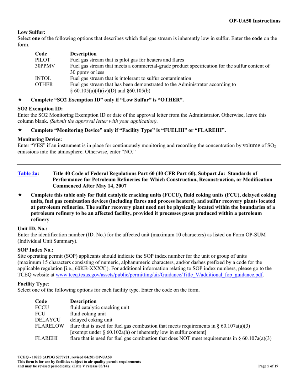 Form TCEQ-10223 (OP-UA50) Fluid Catalytic Cracking Unit Catalyst Regenerator / Fuel Gas Combustion Device / Claus Sulfur Recovery Plant Attributes - Texas, Page 5