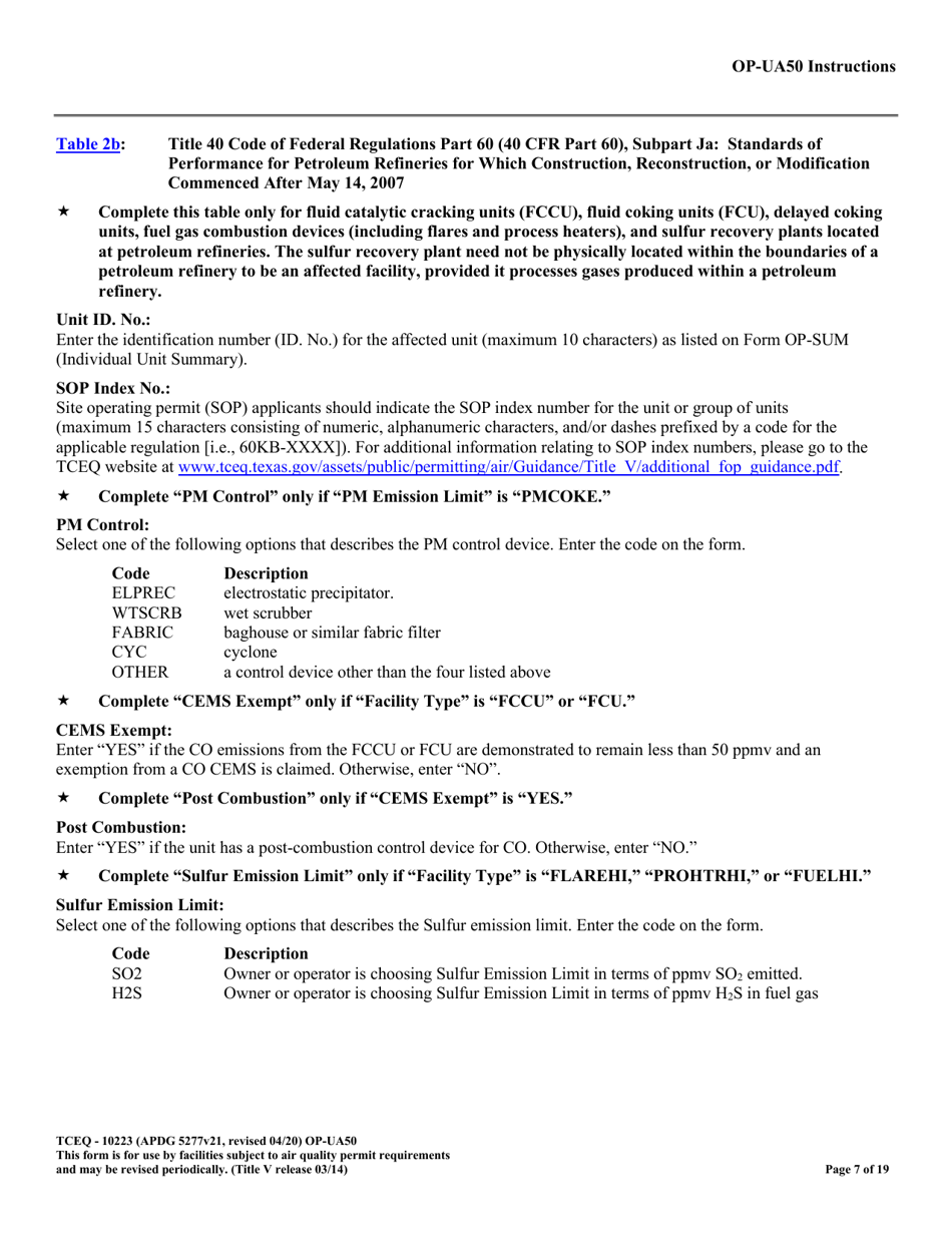 Form TCEQ-10223 (OP-UA50) Fluid Catalytic Cracking Unit Catalyst Regenerator / Fuel Gas Combustion Device / Claus Sulfur Recovery Plant Attributes - Texas, Page 7