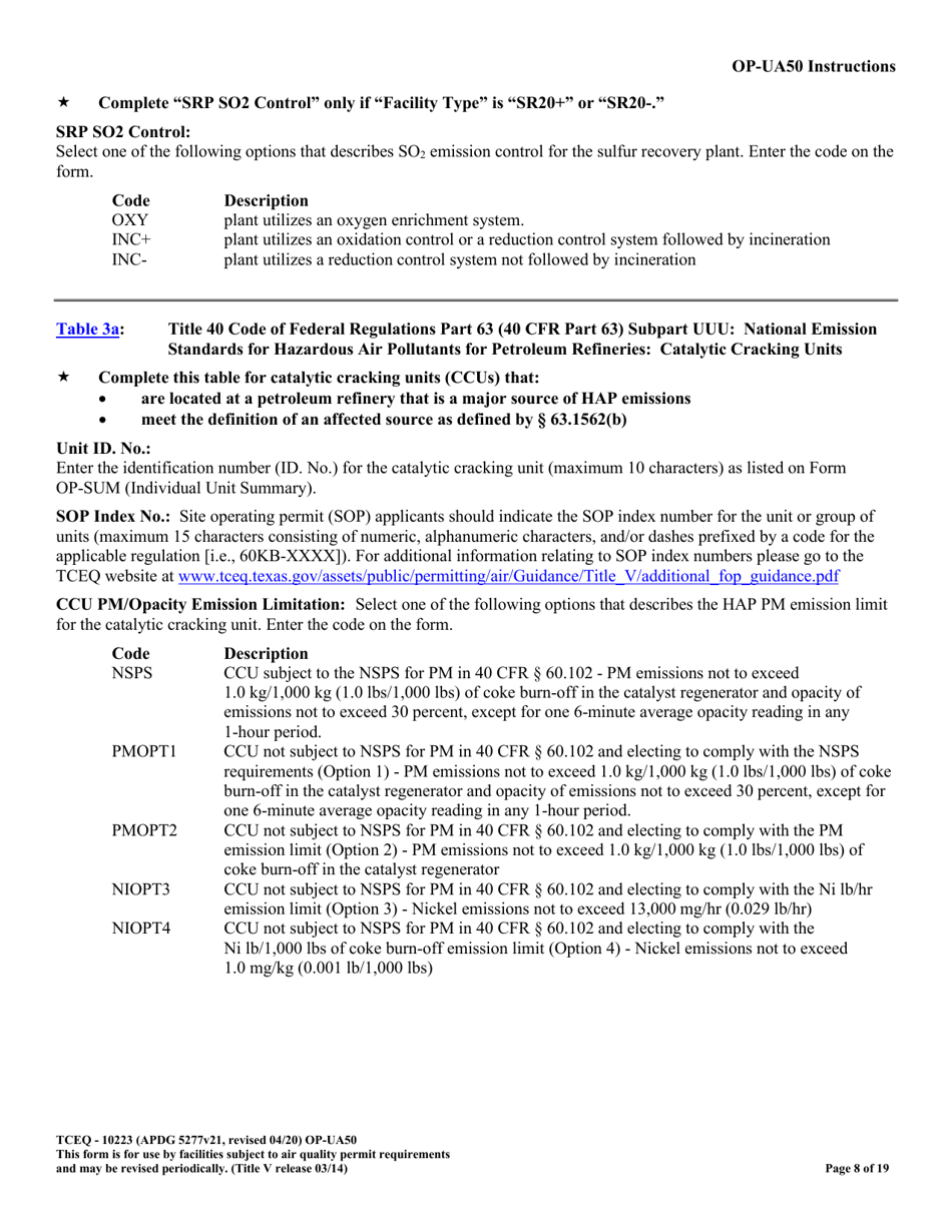 Form TCEQ-10223 (OP-UA50) Fluid Catalytic Cracking Unit Catalyst Regenerator / Fuel Gas Combustion Device / Claus Sulfur Recovery Plant Attributes - Texas, Page 8