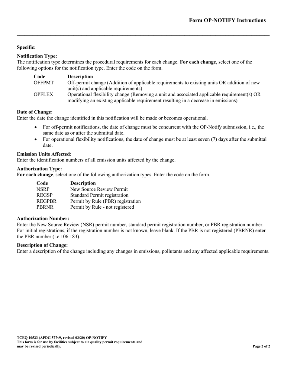 Form TCEQ-10523 (OP-NOTIFY) Notification of off Permit / Operational Flexibility Action - Texas, Page 2