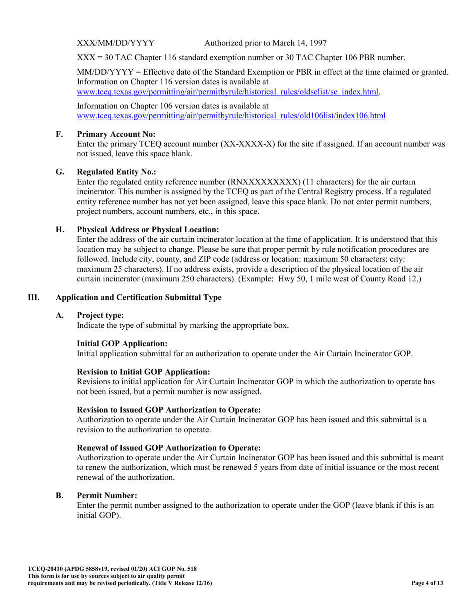 Form TCEQ-20410 Air Curtain Incinerator General Operating Permit (Gop) Number 518 Application for an Authorization to Operate - Texas, Page 4