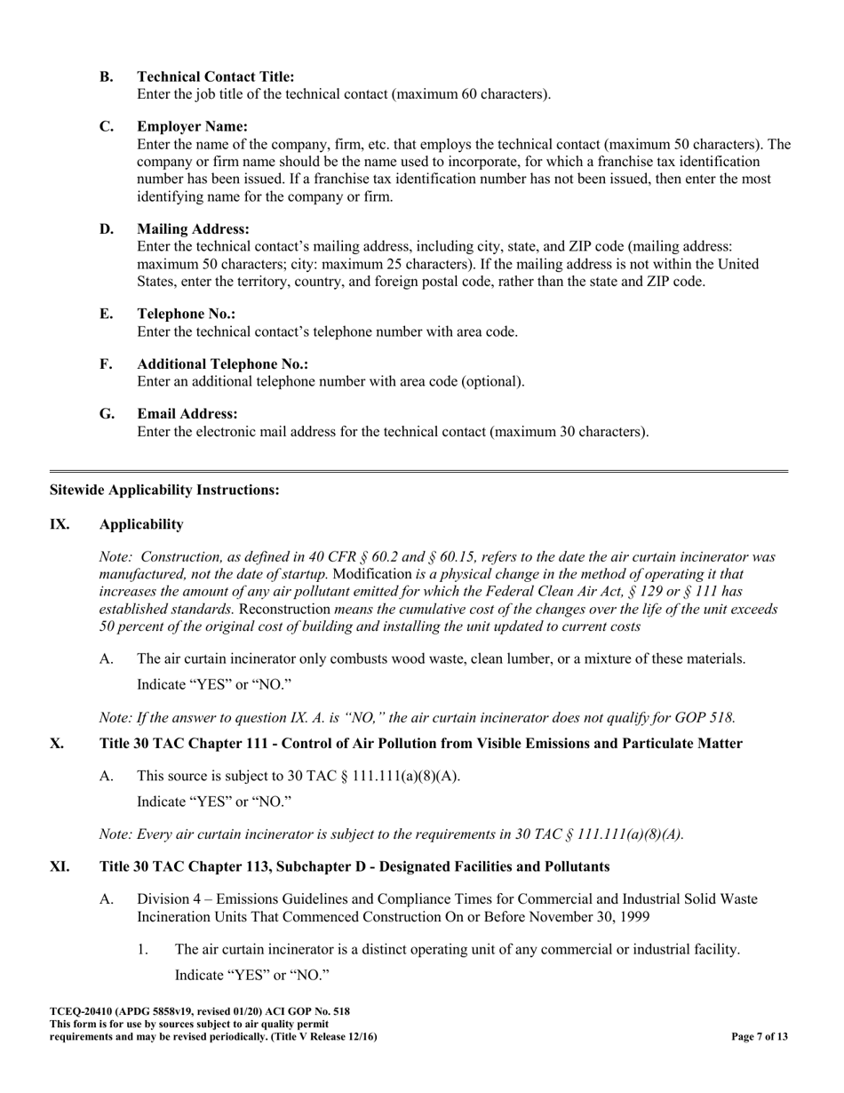 Form TCEQ-20410 Air Curtain Incinerator General Operating Permit (Gop) Number 518 Application for an Authorization to Operate - Texas, Page 7