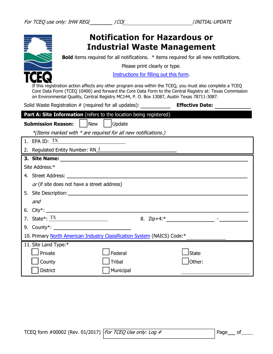 Form 00002 Notification for Hazardous or Industrial Waste Management - Texas, Page 1