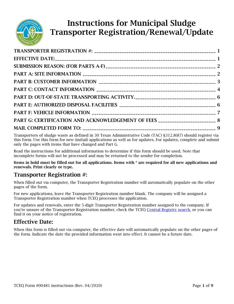 Instructions for Form 00481 Municipal Sludge Transporter Registration / Renewal / Update - Texas, Page 1