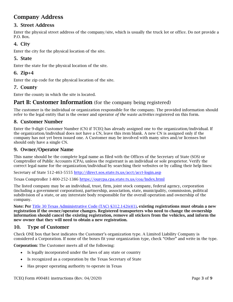 Instructions for Form 00481 Municipal Sludge Transporter Registration / Renewal / Update - Texas, Page 3