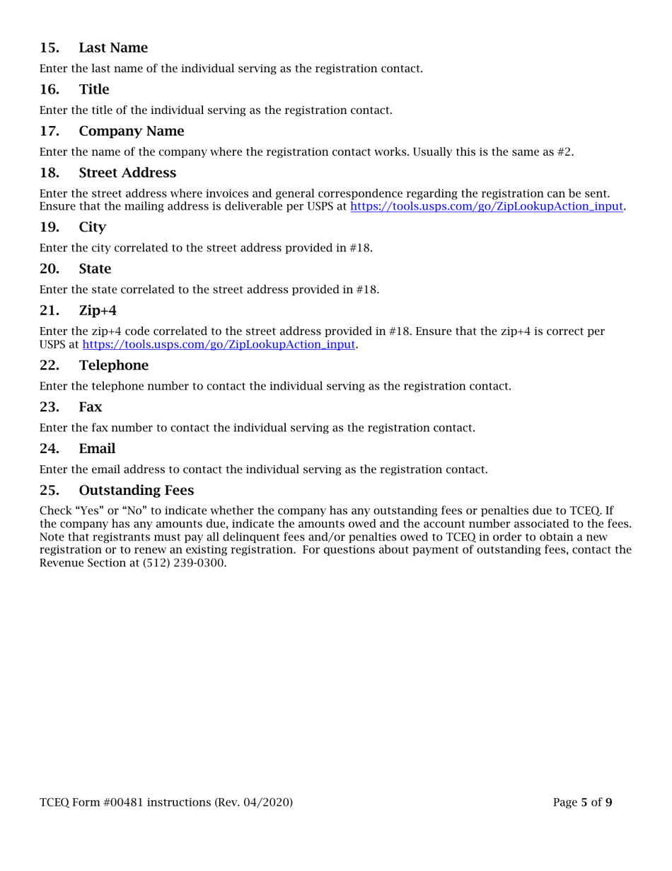 Instructions for Form 00481 Municipal Sludge Transporter Registration / Renewal / Update - Texas, Page 5