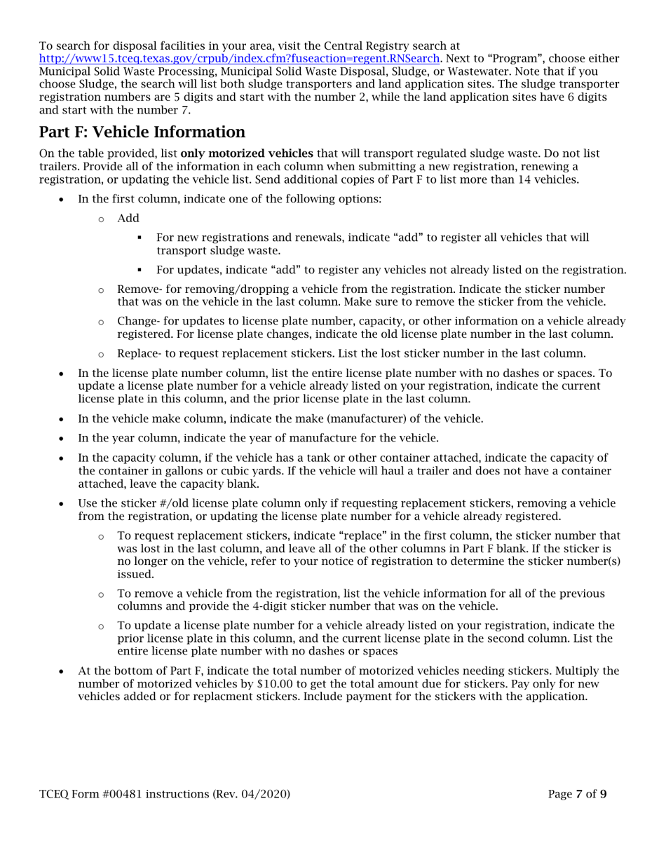 Instructions for Form 00481 Municipal Sludge Transporter Registration / Renewal / Update - Texas, Page 7