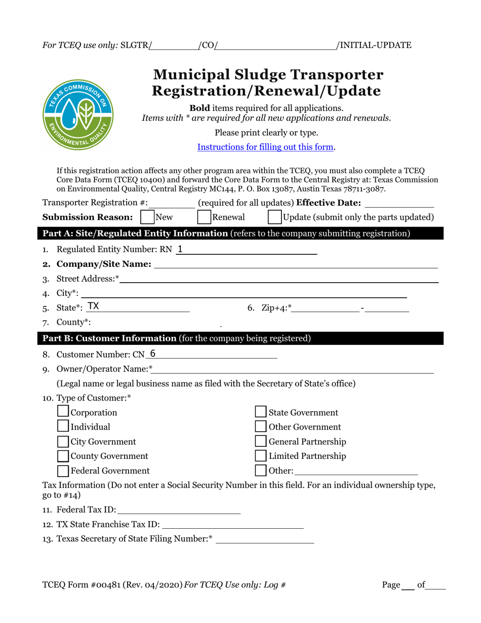 Form 00481 Municipal Sludge Transporter Registration / Renewal / Update - Texas, Page 1