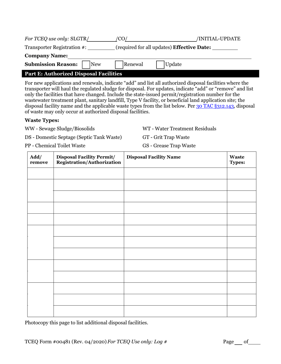 Form 00481 Municipal Sludge Transporter Registration / Renewal / Update - Texas, Page 3