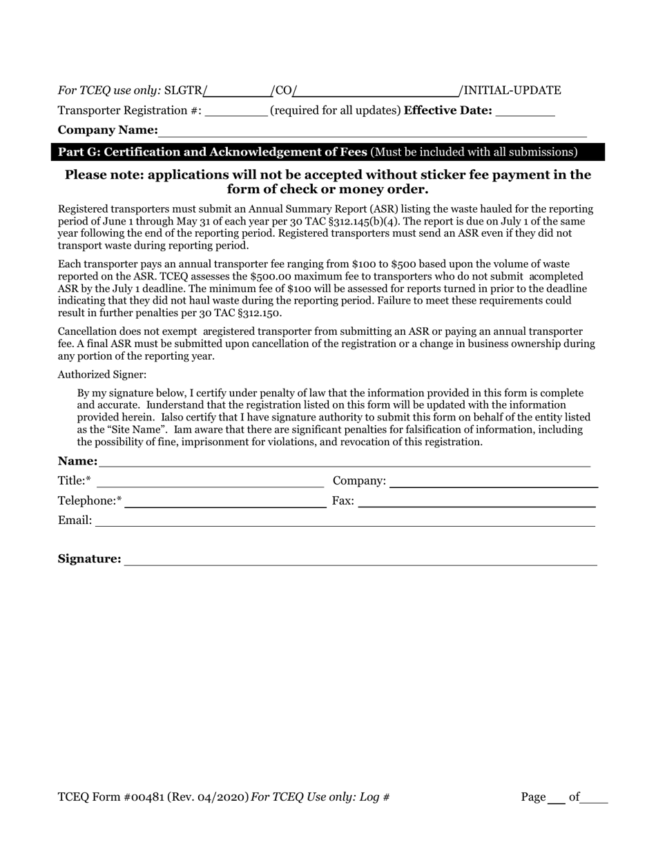 Form 00481 Municipal Sludge Transporter Registration / Renewal / Update - Texas, Page 5