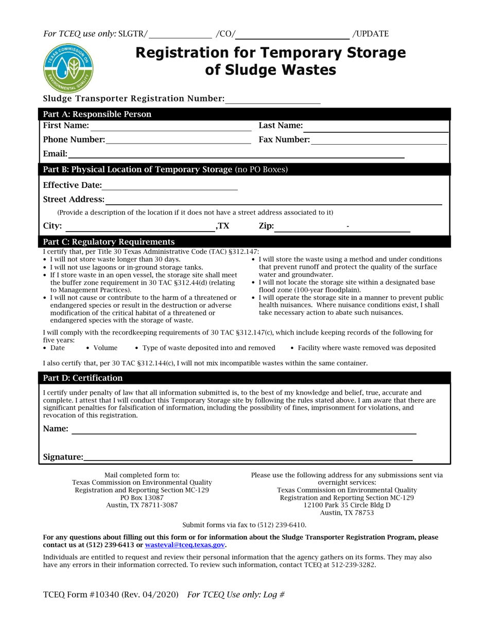 Form 10340 Registration for Temporary Storage of Sludge Wastes - Texas, Page 1