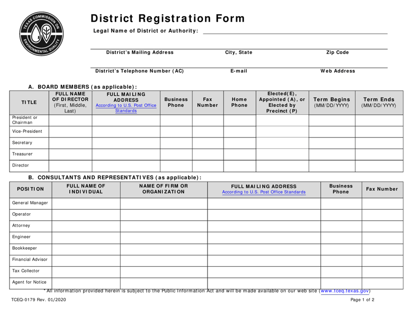 Form TCEQ-0179 District Registration Form - Texas
