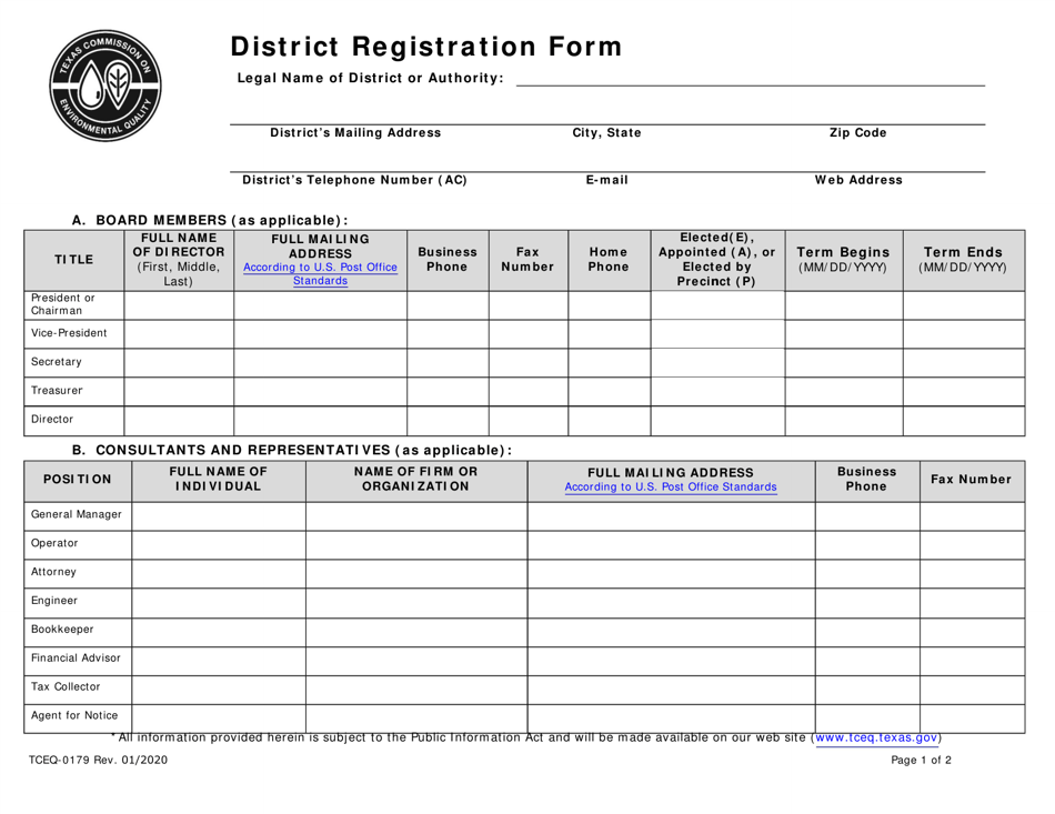 Form TCEQ-0179 District Registration Form - Texas, Page 1