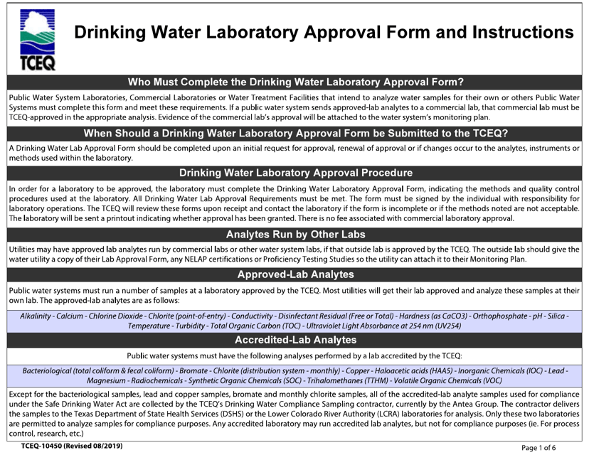 Form TCEQ-10450 Drinking Water Laboratory Approval Form - Texas