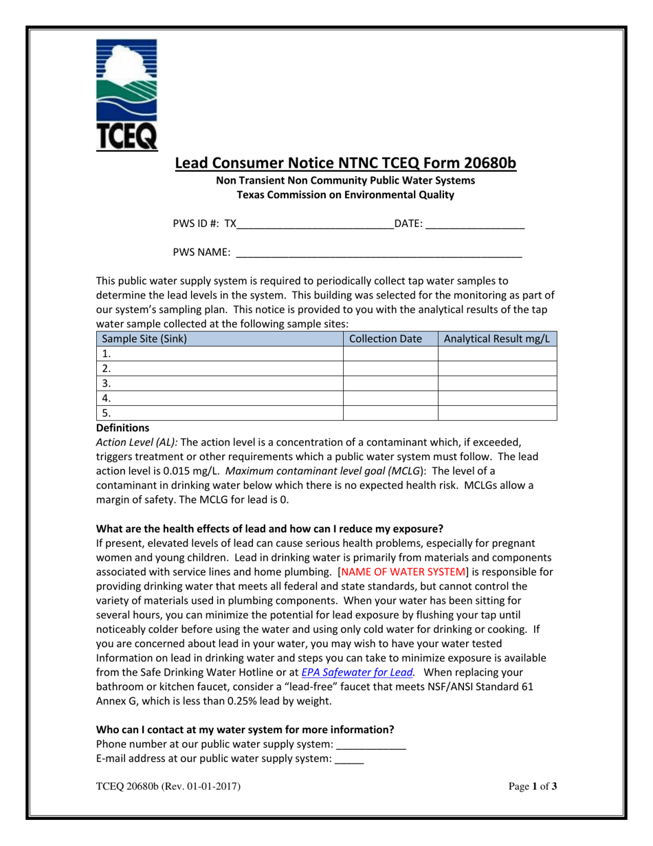 Form 20680B Lead Consumer Notice Certification Form Non Transient Non Community Public Water Systems - Texas, Page 1