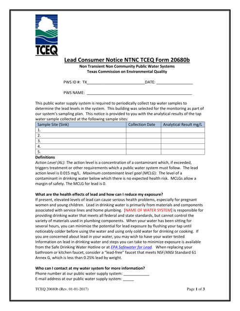Form 20680B Lead Consumer Notice Certification Form Non Transient Non Community Public Water Systems - Texas
