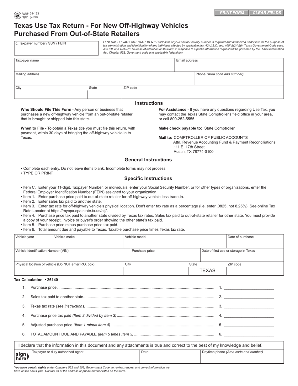 Form 01-163 Texas Use Tax Return - for New Off-Highway Vehicles Purchased From Out-of-State Retailers - Texas, Page 1