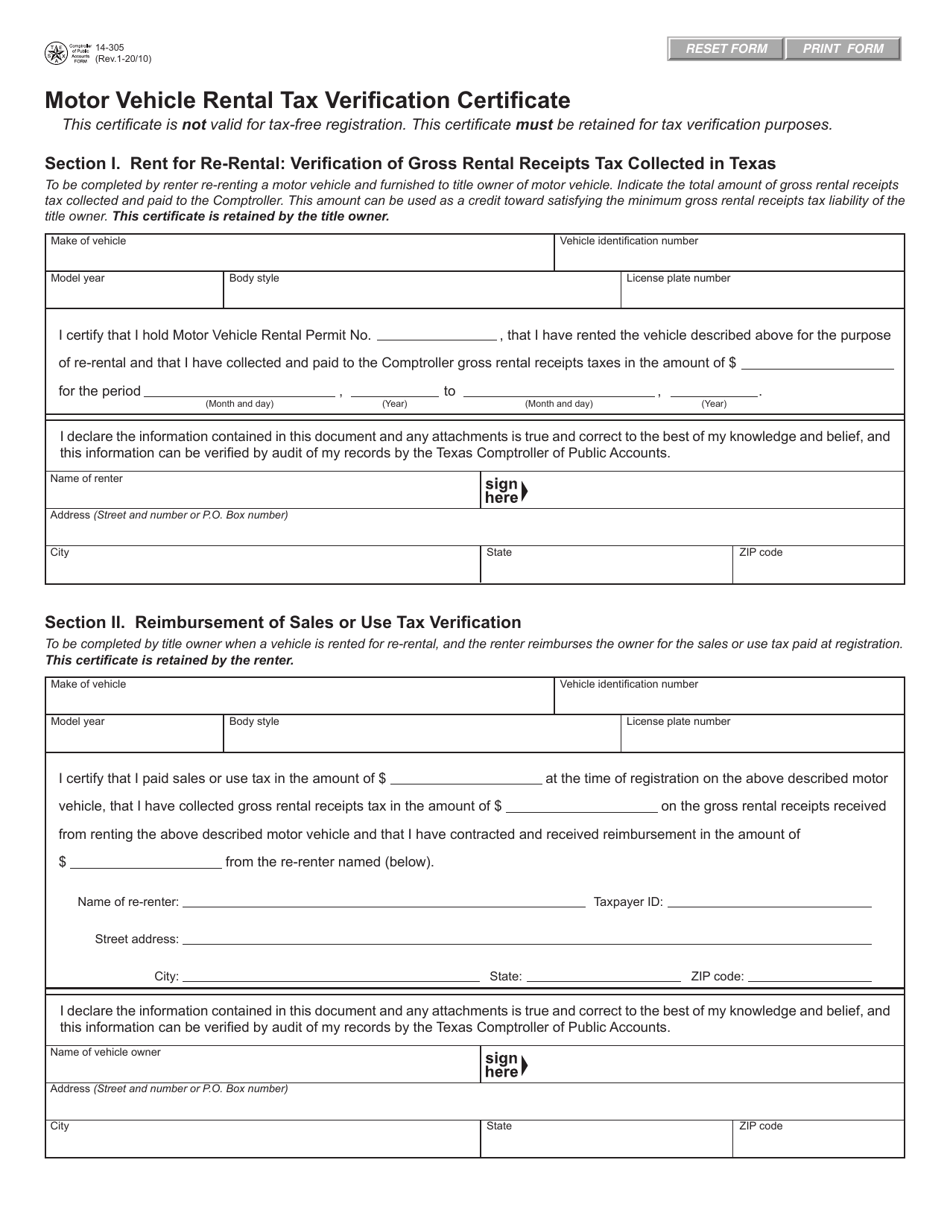 Form 14-305 Motor Vehicle Rental Tax Verification Certificate - Texas, Page 1