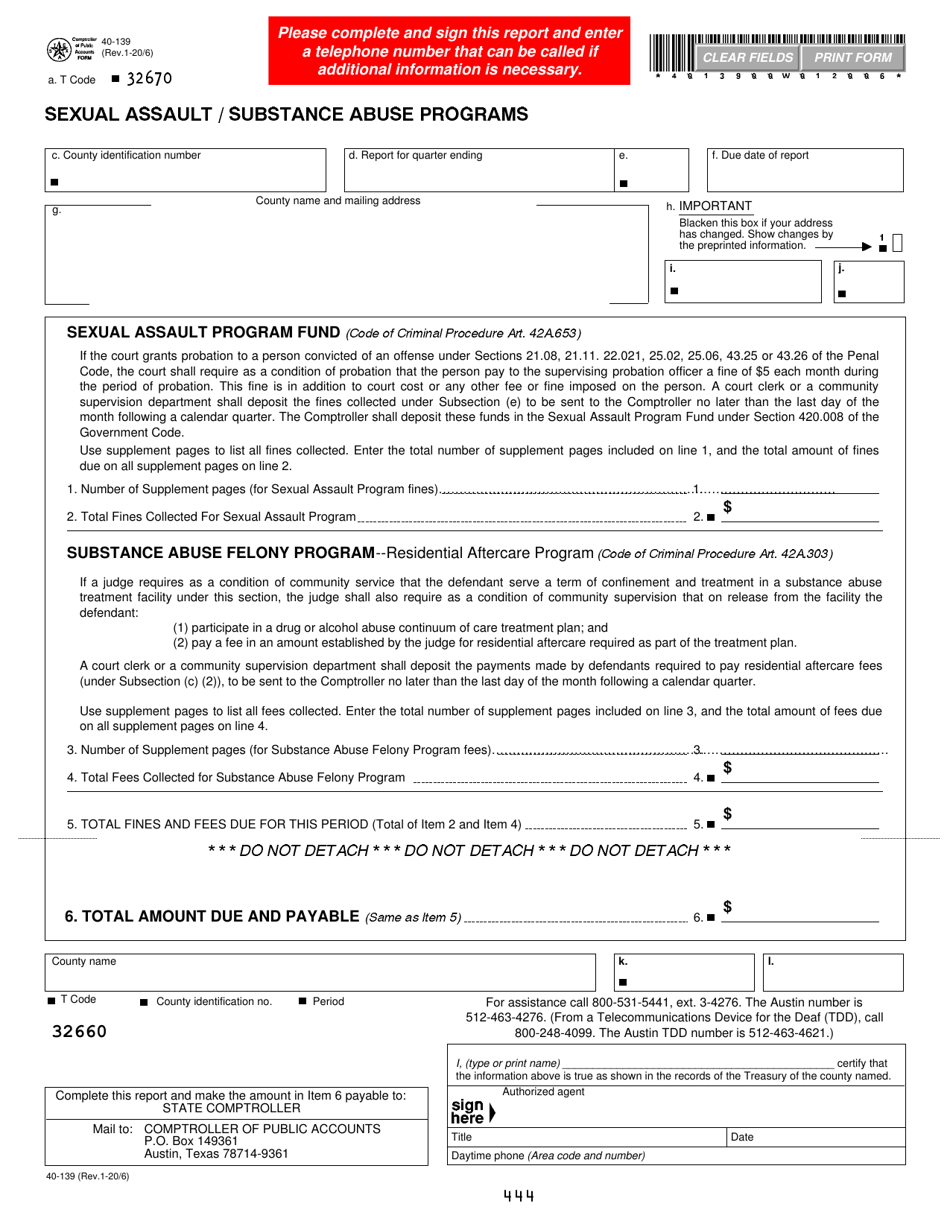 Form 40-139 Sexual Assault / Substance Abuse Programs - Texas, Page 1