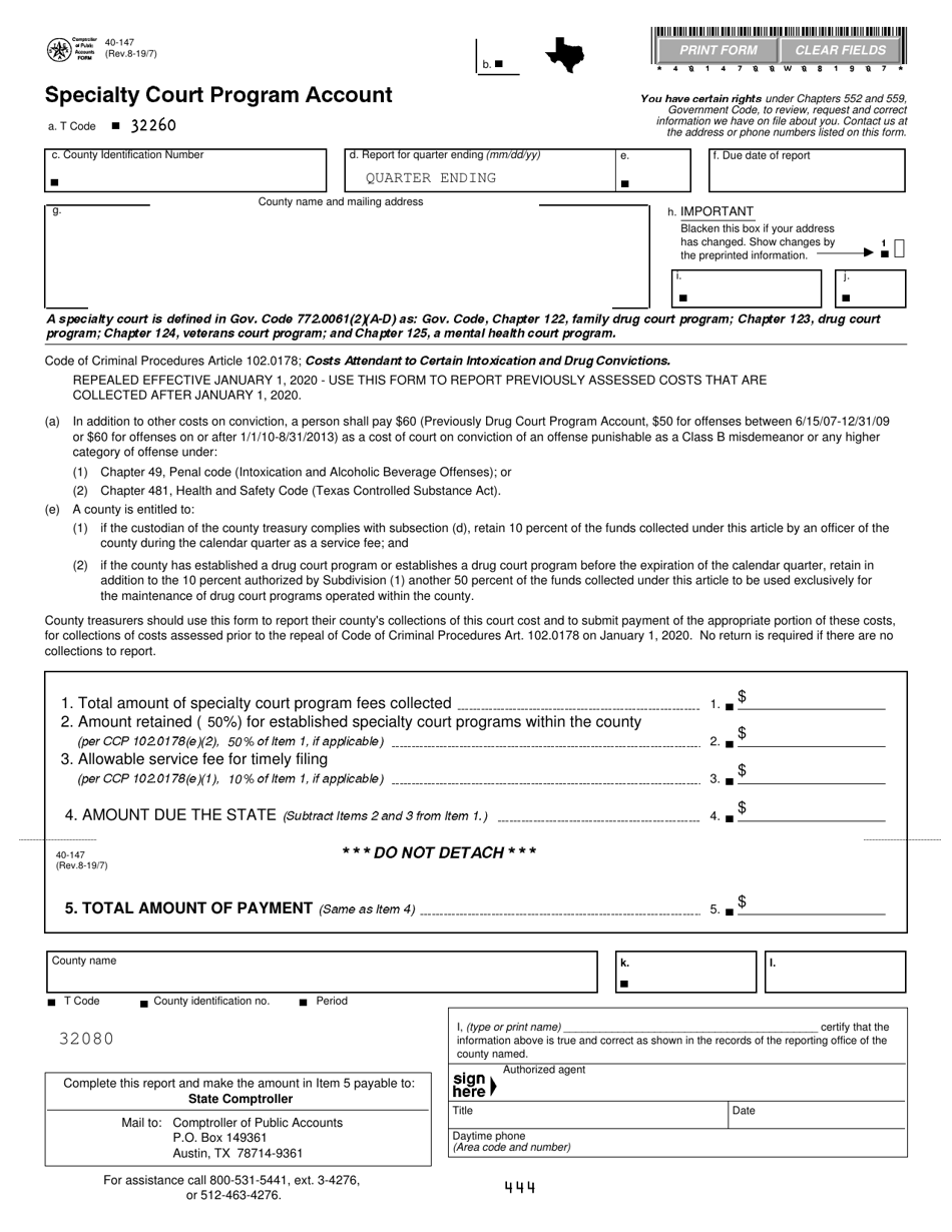 Form 40-147 Specialty Court Program Account - Texas, Page 1