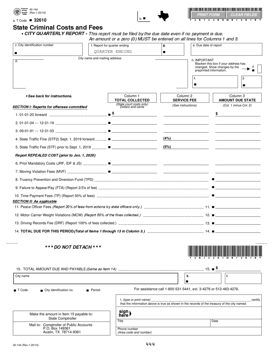 Form 40-144 State Criminal Costs and Fees - Texas, Page 1