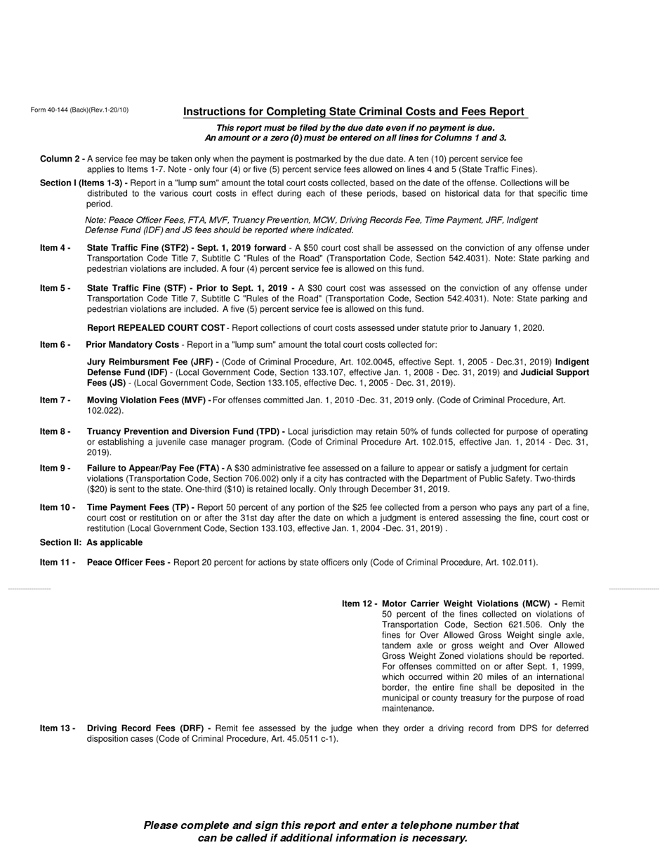 Form 40-144 State Criminal Costs and Fees - Texas, Page 2