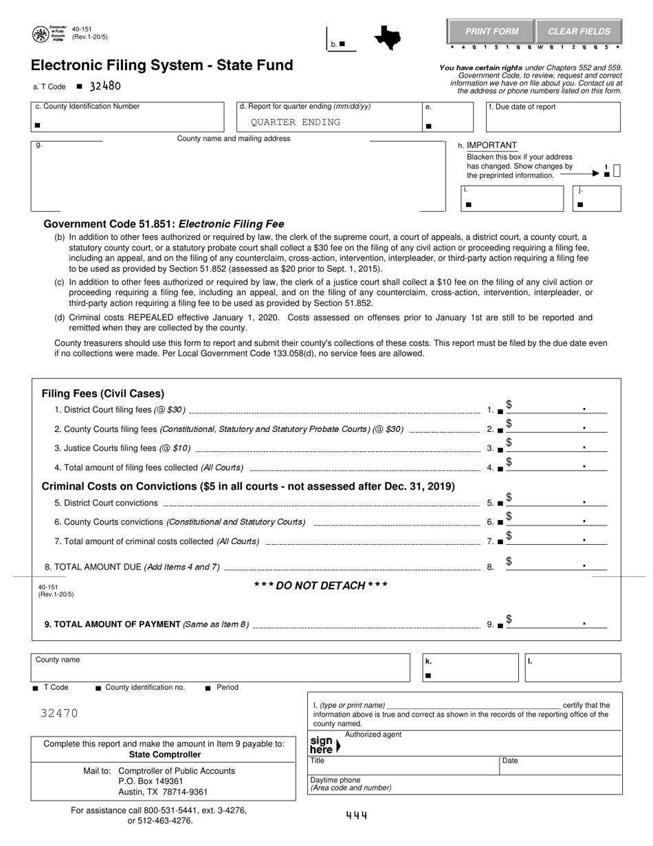 Form 40-151 Electronic Filing System - State Fund - Texas, Page 1