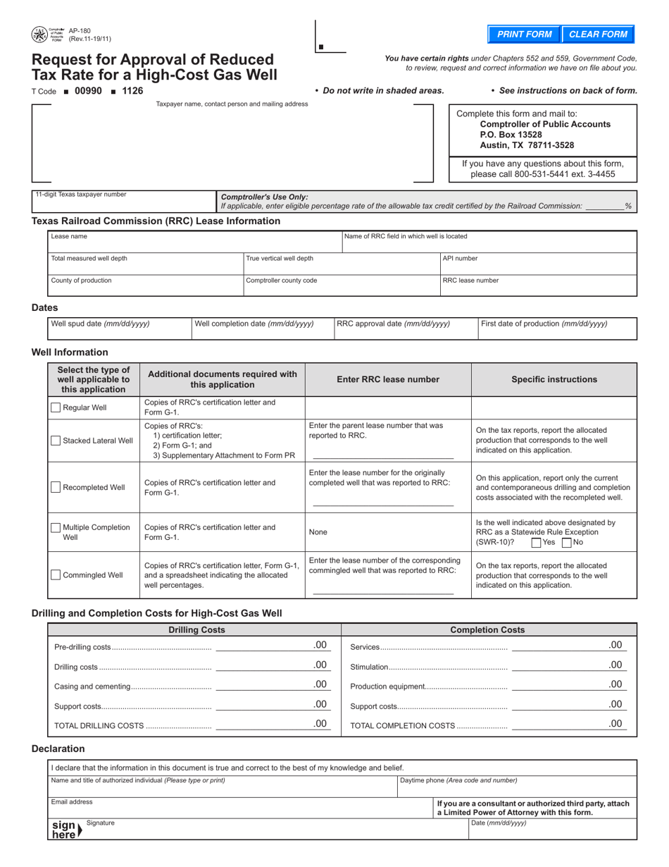 Form AP-180 Request for Approval of Reduced Tax Rate for a High-Cost Gas Well - Texas, Page 1