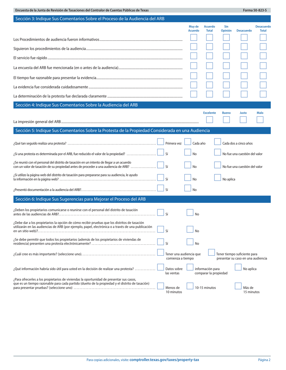 Formulario 50-823-S Encuesta De La Junta De Revision De Tasaciones Del Contralor De Cuentas Publicas De Texas - Texas (Spanish), Page 2