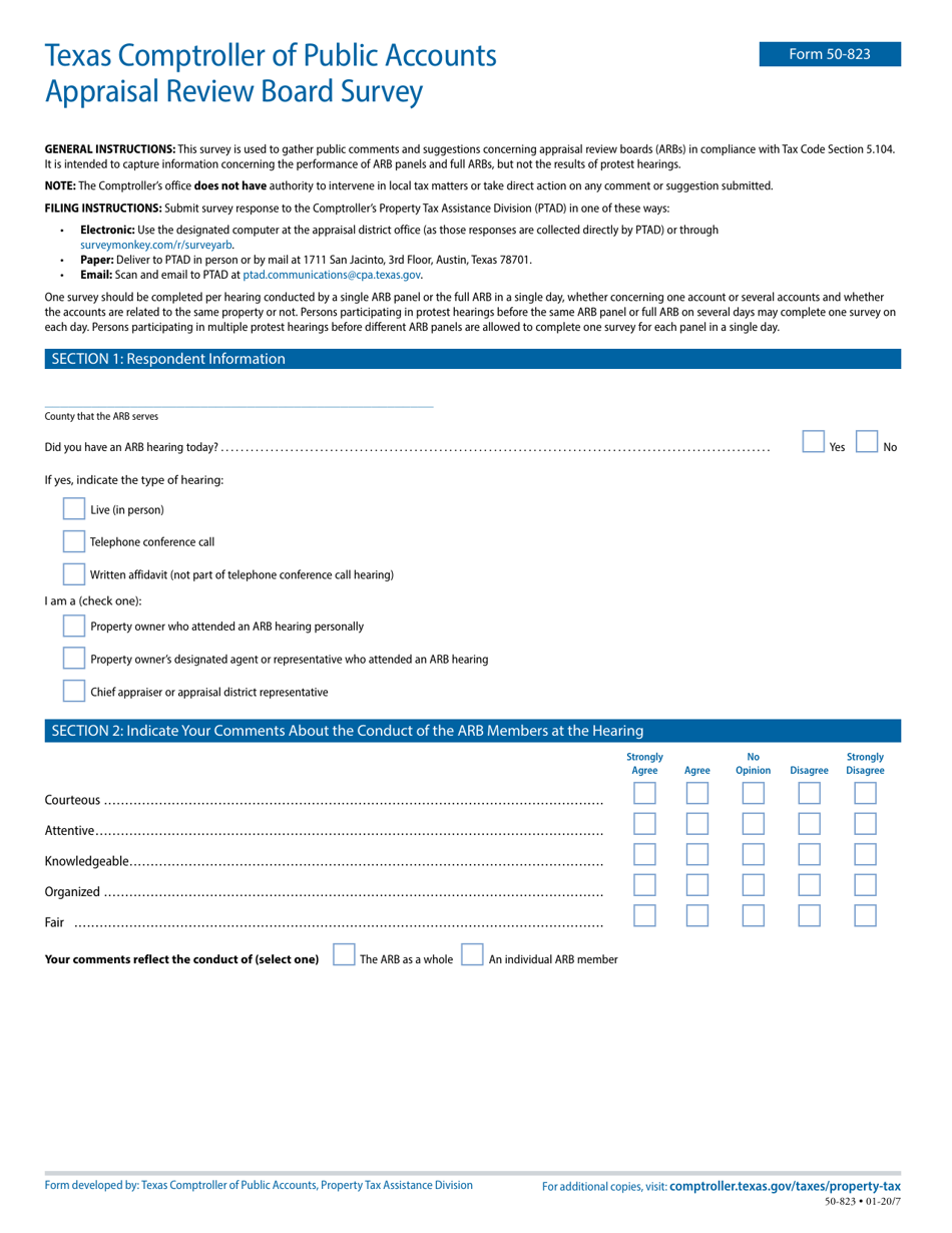 Form 50-823 Appraisal Review Board Survey - Texas, Page 1
