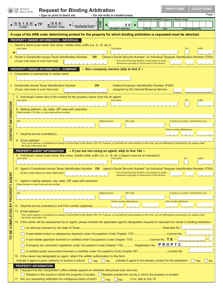 Form AP-219 Request for Binding Arbitration - Texas, Page 3