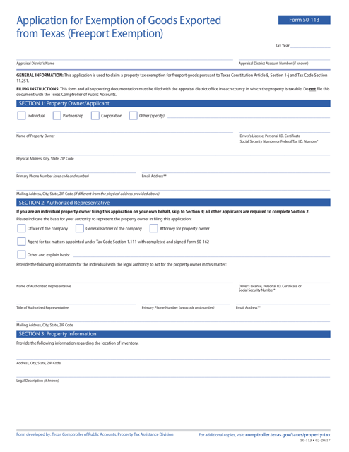 Form 50-113 Application for Exemption of Goods Exported From Texas (Freeport Exemption) - Texas
