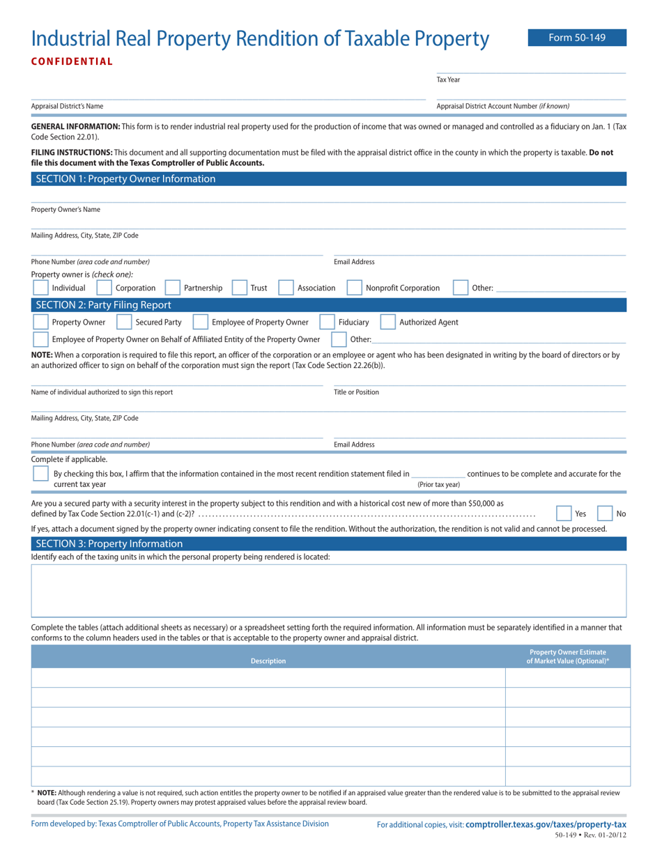 Form 50-149 Industrial Real Property Rendition of Taxable Property - Texas, Page 1