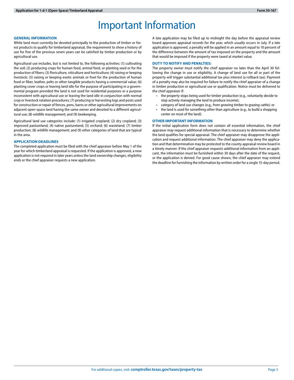 Form 50-167 Application for 1-d-1 (Open-Space) Timberland Appraisal - Texas, Page 3