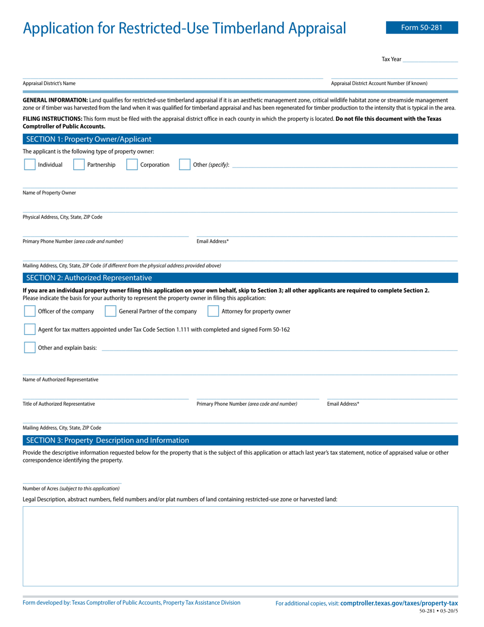 Form 50-281 Application for Restricted-Use Timberland Appraisal - Texas, Page 1