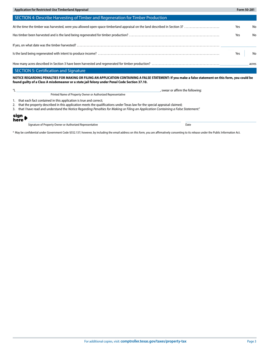 Form 50-281 Application for Restricted-Use Timberland Appraisal - Texas, Page 3