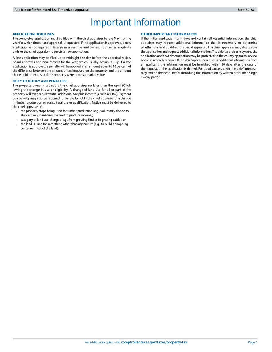 Form 50-281 Application for Restricted-Use Timberland Appraisal - Texas, Page 4