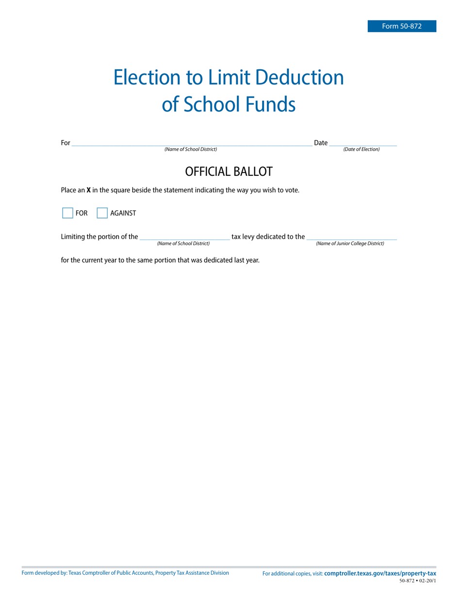 Form 50-872 Sample Ballot to Limit Dedication of School Funds to Junior Colleges - Texas, Page 1