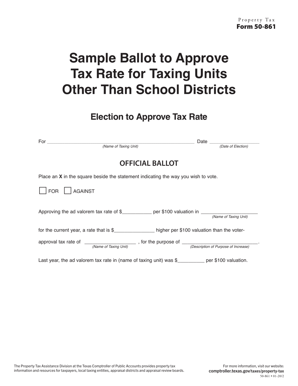 Form 50-861 Sample Ballot to Approve Tax Rate for Taxing Units Other Than School Districts - Texas, Page 1