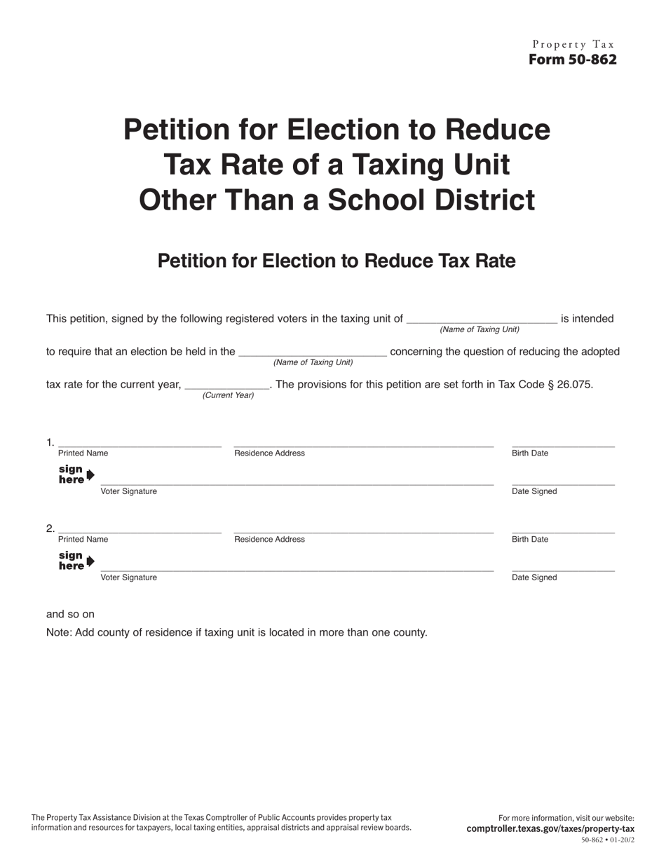 Form 50-862 Petition for Election to Reduce Tax Rate of a Taxing Unit Other Than a School District - Texas, Page 1