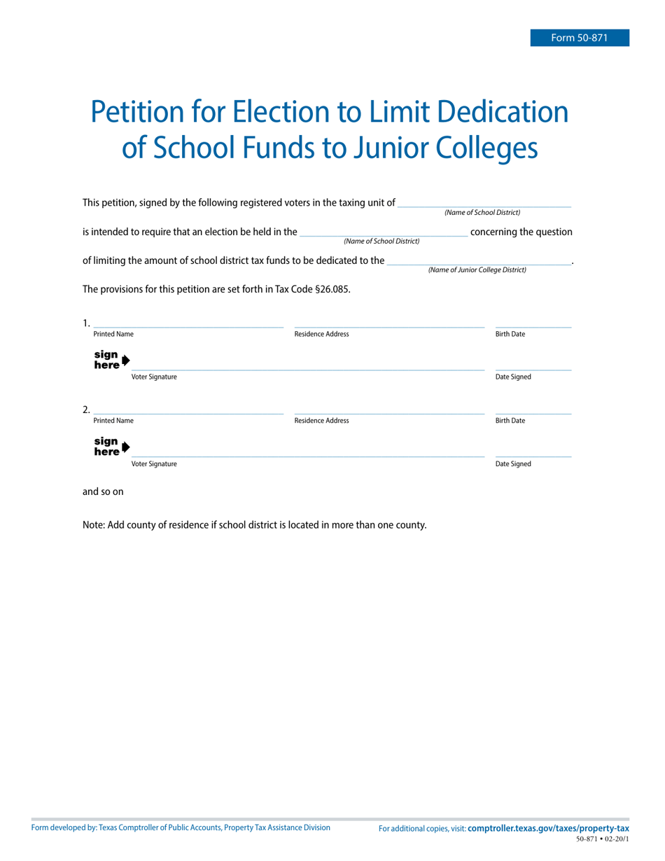 Form 50-871 Petition for Election to Limit Dedication of School Funds to Junior Colleges - Texas, Page 1