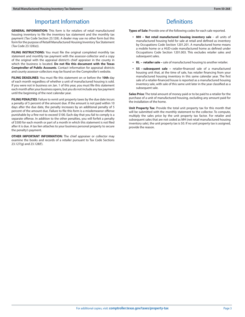 Form 50-268 Retail Manufactured Housing Inventory Tax Statement - Texas, Page 3
