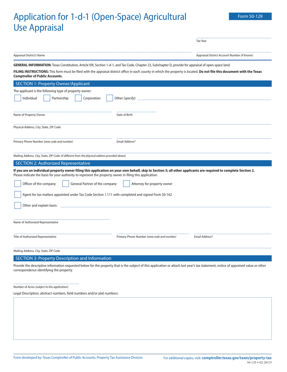 Form 50-129 Application for 1-d-1 (Open-Space) Agricultural Use Appraisal - Texas, Page 1