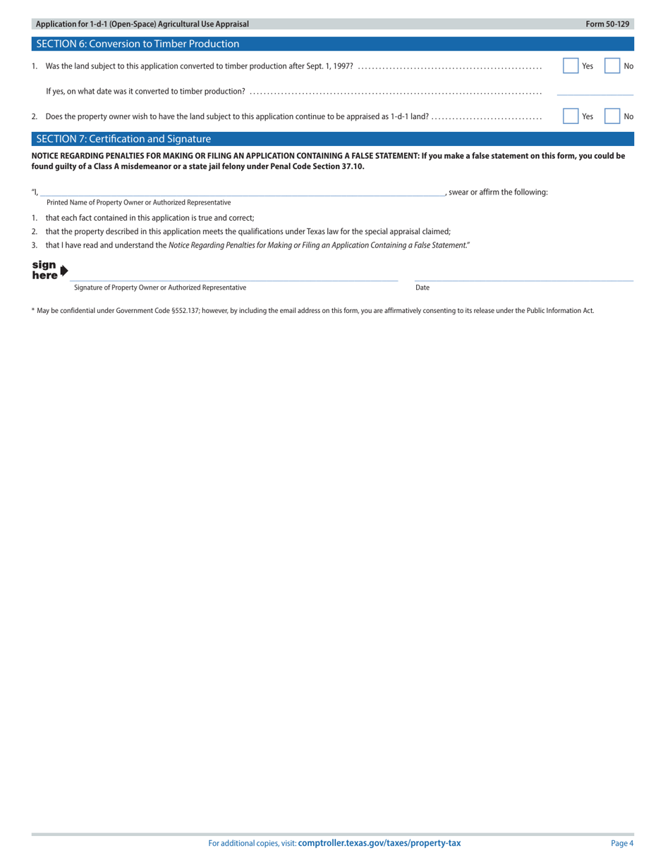 Form 50-129 Application for 1-d-1 (Open-Space) Agricultural Use Appraisal - Texas, Page 4