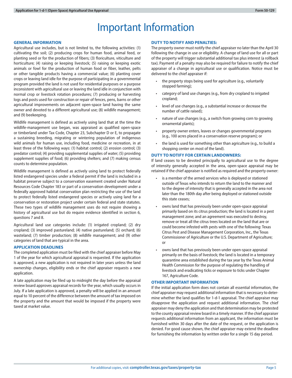 Form 50-129 Application for 1-d-1 (Open-Space) Agricultural Use Appraisal - Texas, Page 5