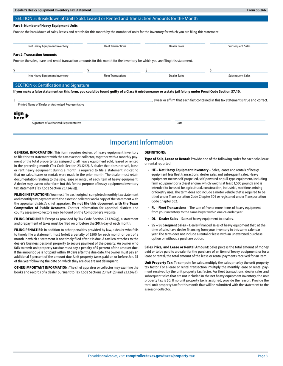 Form 50-266 Dealers Heavy Equipment Inventory Tax Statement - Texas, Page 3