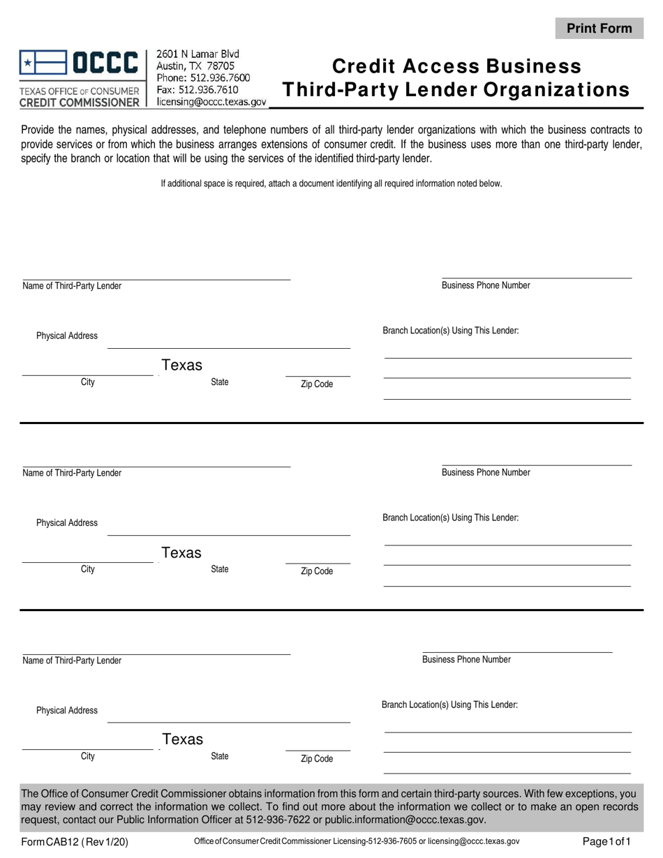 Form CAB12 Credit Access Business Third-Party Lender Organizations - Texas, Page 1