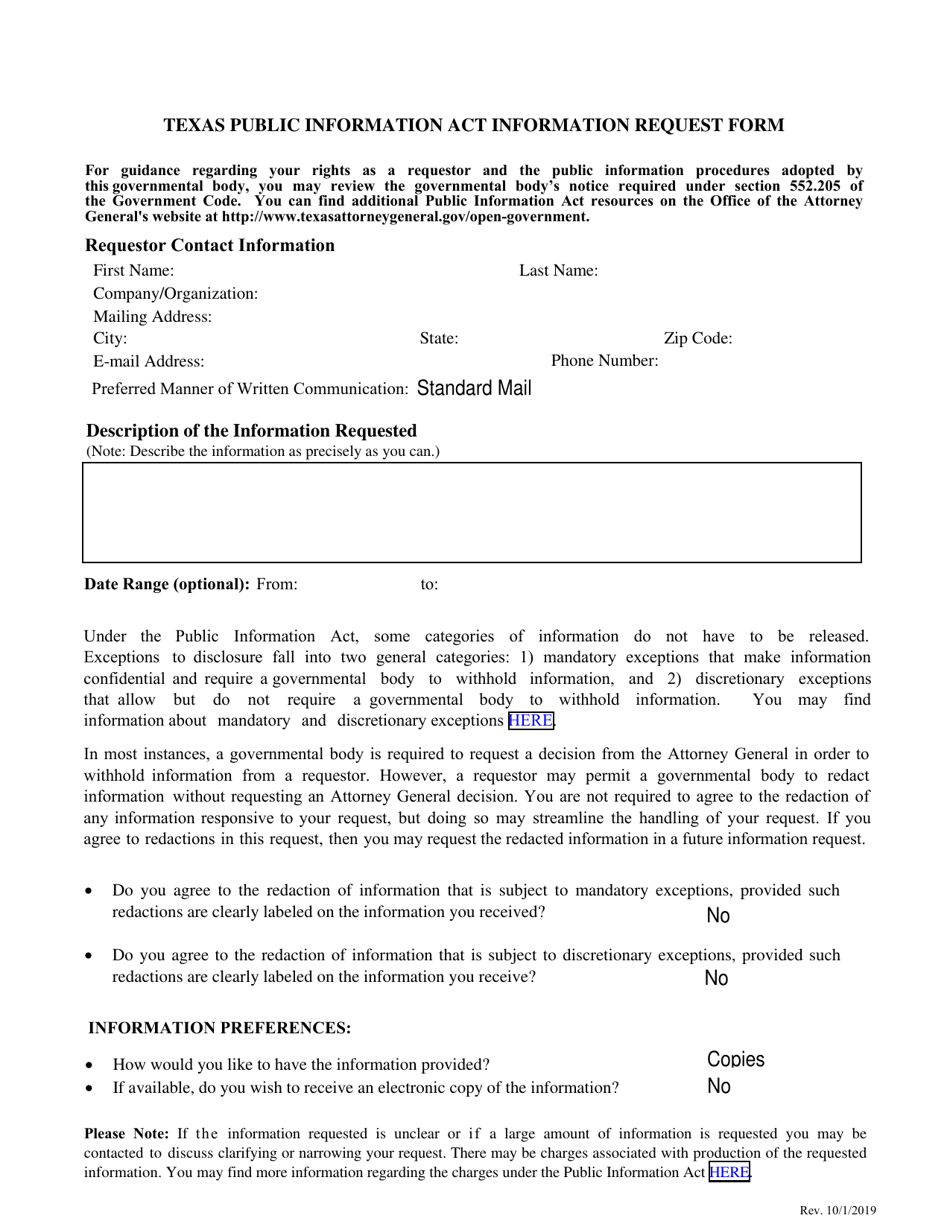 Public Information Request Form - Texas, Page 1